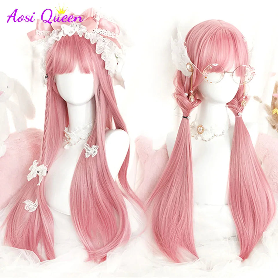 AS  Cosplay Wig With Bangs Synthetic Straight Hair 24 Inch Long Heat-Resistant Pink Wig For Women