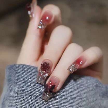 24Pcs Pink Ballet False Nails Long Coffin with Rhinestone Love Heart Wearable Fake Nails Full Cover Press on Nails Tips Glitter