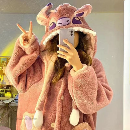 Lilo and Stitch Pajamas for Adults Disney Angel Blue Pink Hooded Couples PJs Cute Kawaii Fleece Robe Pants Set Womens Winter Warm Plush Sleepwear Female