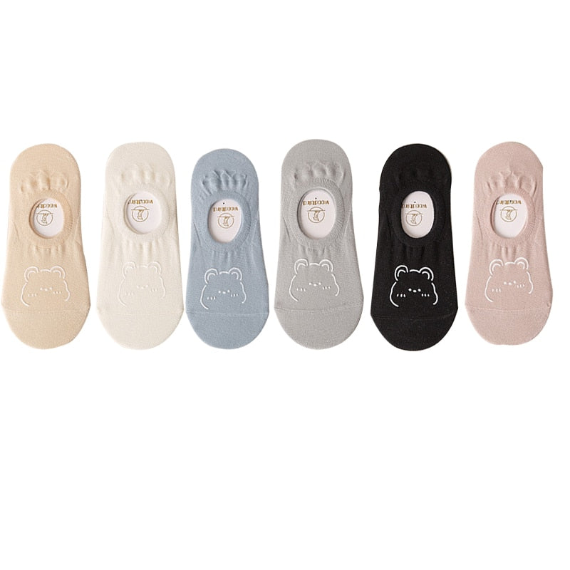 5 Pairs New Kawai Women Socks Summer Cute Japanese Fashion Cartoon Bear Funny Socks Soft Cotton Short Non-slip Invisible Socks