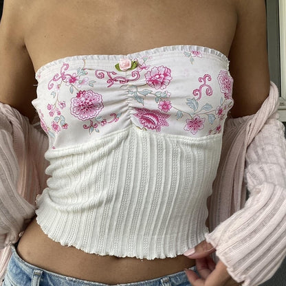 Maemukilabe Coquette Cute Pink Bandeau Tube Tops Fairycore Y2K Floral Lace Trim Strapless Crop Tops 90s Vintage Backless Camis
