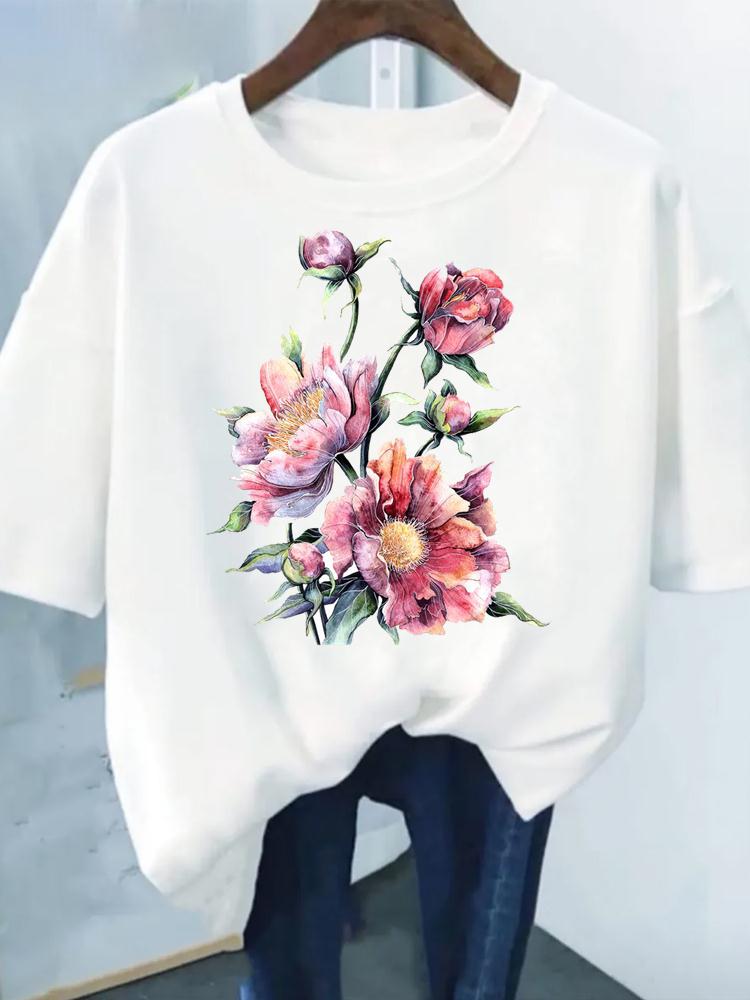 Flower Print Fashion Plant Trend Lovely Style Short Sleeve Women Graphic Tee Summer T Clothing Female Clothes Casual T-shirts