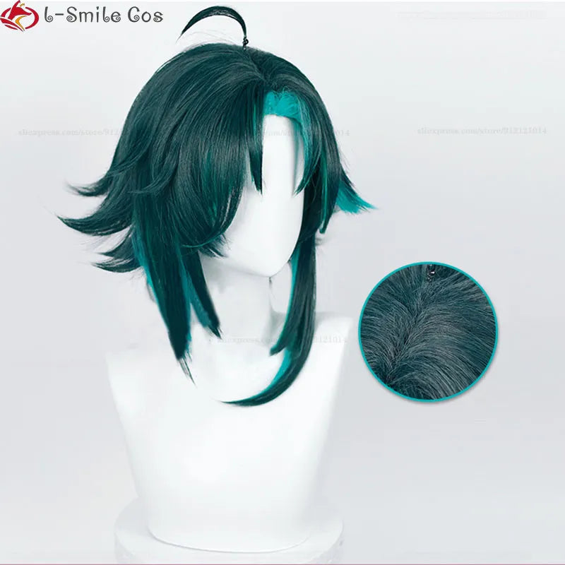 Game Genshin Impact Cosplay Xiao Wig 40cm Short Green Hair With Stickers Ring Heat Resistant Synthetic Party Wigs + Wig Cap