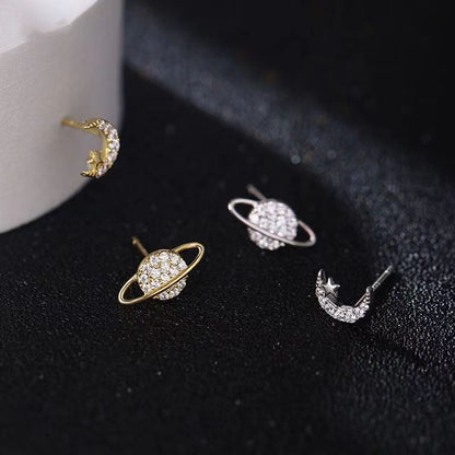 Simple Piercing Stud Earrings for Women Star Moon Zircon 925 Silver Needles Tragus Cartilage Asymmetry Pendiente Plata Jewelry