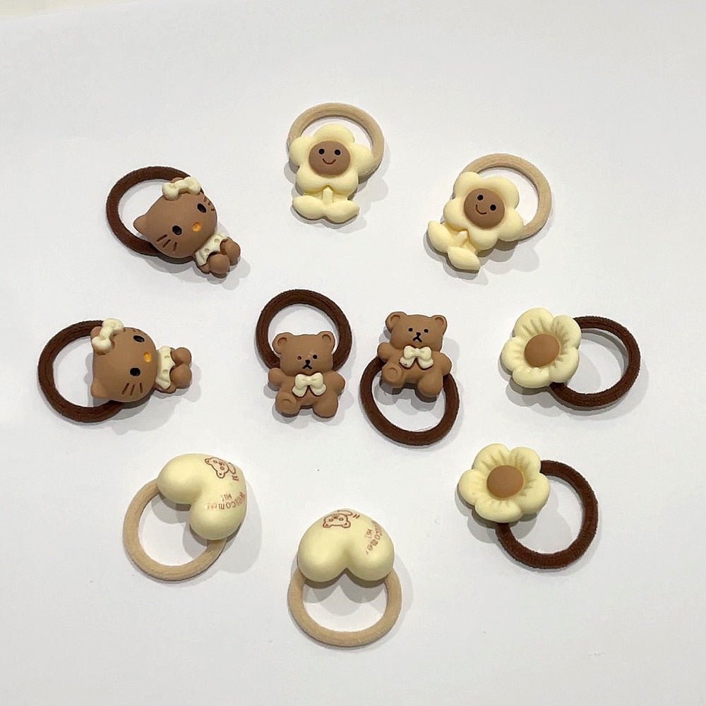 10pcs/Set Cute Bear Rabbit Finger Hair Ties Baby Toddler Elastic Mini Cartoon Animal Flower Ponytail Holder Hair Ropes For Girls