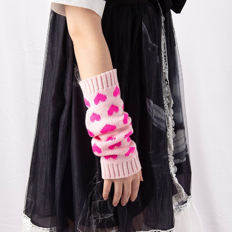 Women Fingerless Gloves JK Arm Warmers Cute Long Glove Winter Gothic Lolita Arm Sleeve Girls Y2k Love Heart Black Classic Mitten