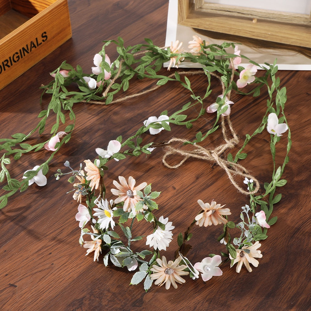 Bohemian Rattan Flower Vines Crown Headband for Bride Wedding Hair Accessories Girls Floral Wreath Head Band Hairstyles Headdres