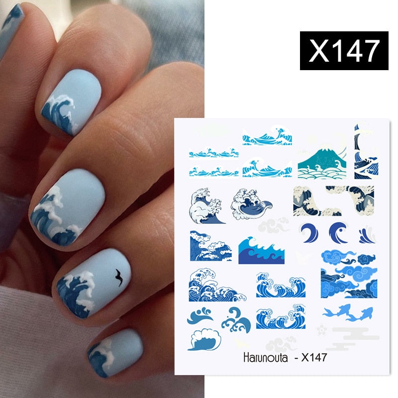 Harunouta Black Lines Flower Leaves Water Decals Stickers Floral Face Marble Pattern Slider For Nails Summer Nail Art Decoration