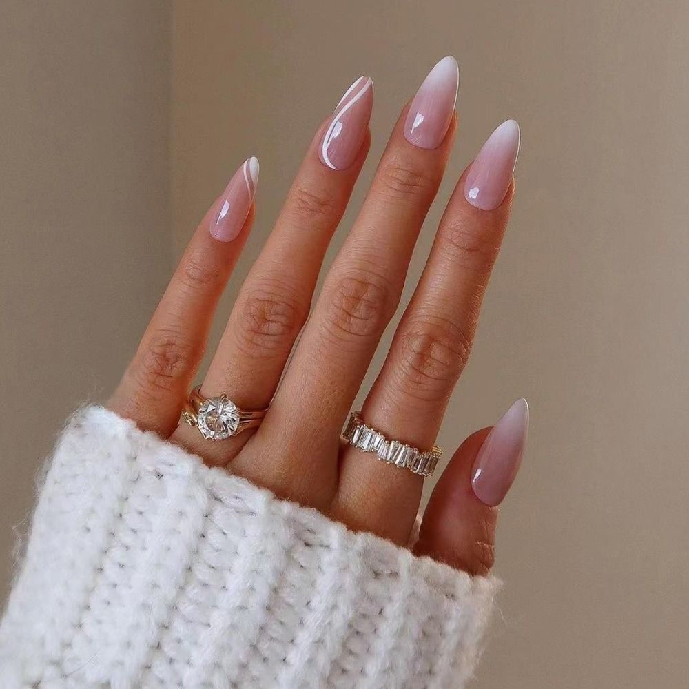 24Pcs Almond Fake Nail Gradient Simple French False Nails Daisy Flower Design Manicure Nails Detachable Full Cover Press On Nail