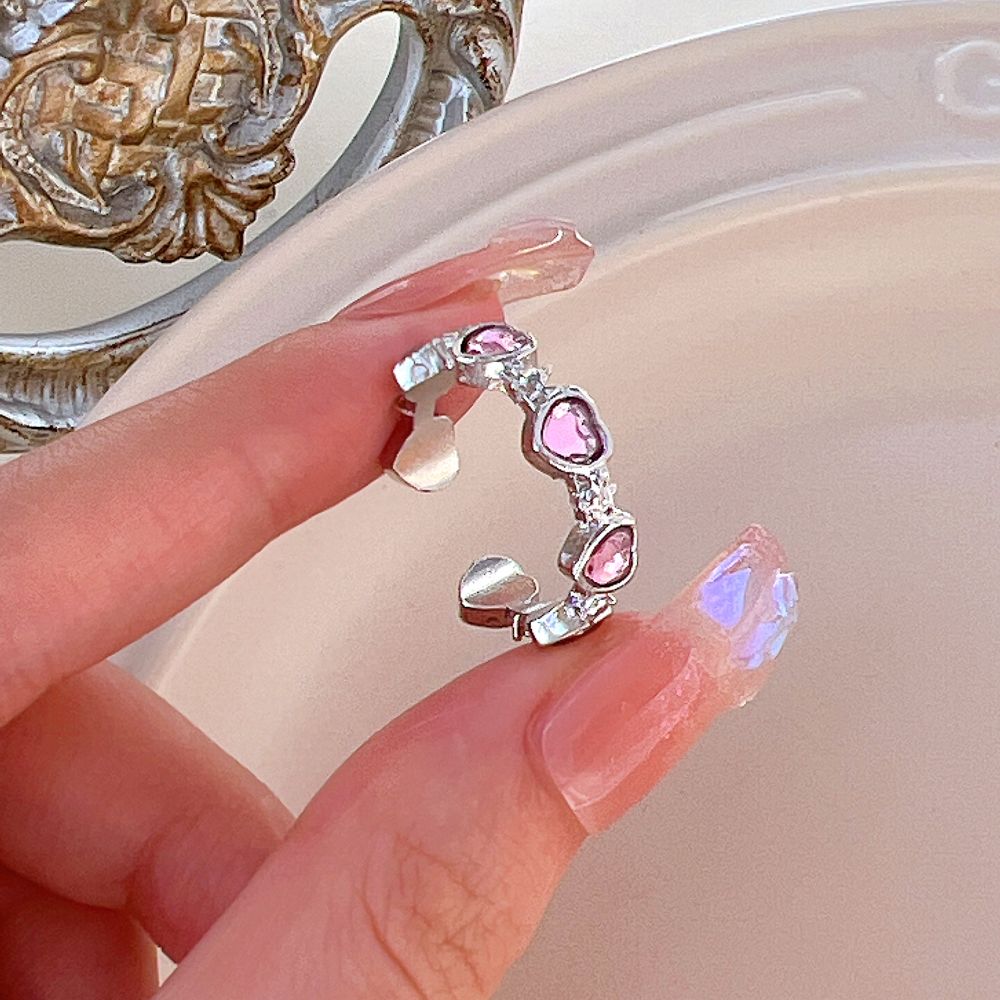 Pink Crystal Heart Bowknot Rings For Women Girls Y2k Kpop Sweet Cool Open Finger Rings Party Fashion Jewelry Gifts New