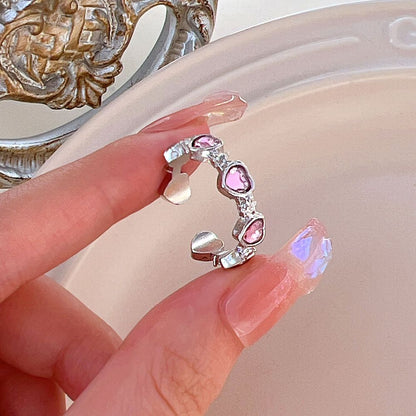 Pink Crystal Heart Bowknot Rings For Women Girls Y2k Kpop Sweet Cool Open Finger Rings Party Fashion Jewelry Gifts New