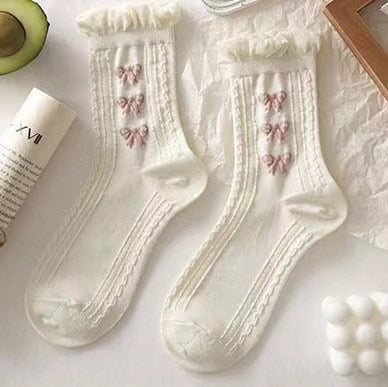 Simple White Socks Versatile Lovely Bowknot Small Flowers Women's Medium Tube Socks kawaii Harajuku jk Lolita Girls Cotton Socks