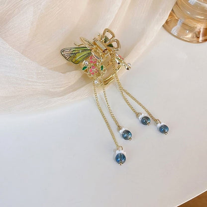 New Female Butterfly Pearl Tassel Hair Claw Rhinestone Clip Korean Simple Shark Ponytail Crab Clip Girls Hair Accessories