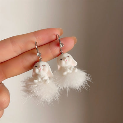 Bear Earrings for Women Girls Fashion Korea Silver Needle Autumn and Winter Earrings Cute Flocking Rabbit Ear Studs Jewelry