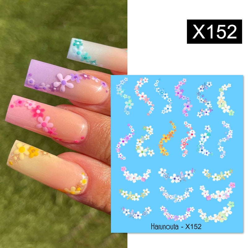 Harunouta Black Lines Flower Leaves Water Decals Stickers Floral Face Marble Pattern Slider For Nails Summer Nail Art Decoration