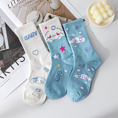 Sanrio Cinnamoroll Cardong Cartoon Girl Heart Autumn and Winter In The Tube Cartoon Socks Every Match Cute Blue Girl Wind