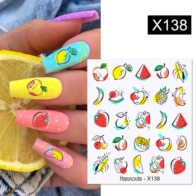 Harunouta Black Lines Flower Leaves Water Decals Stickers Floral Face Marble Pattern Slider For Nails Summer Nail Art Decoration