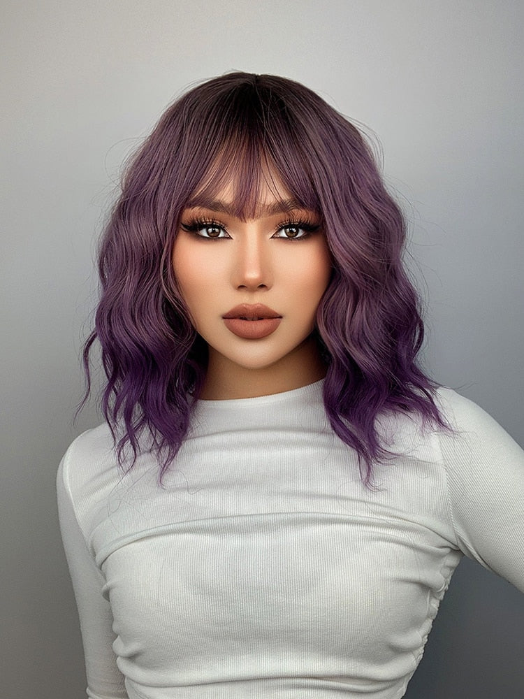 Purple Ombre Short Bob Body Wave Synthetic Wigs For Women Cosplay Wig With Bangs White Synthet Natural Hair Lolita Pelucas Nарик