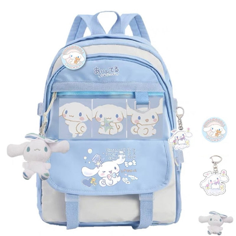 Cinnamoroll Backpack with Sanrio Plush Toy Anime Children Girls Blue Schoolbag School Supplies Student Kawaii Cute Large Computer Bag Gift