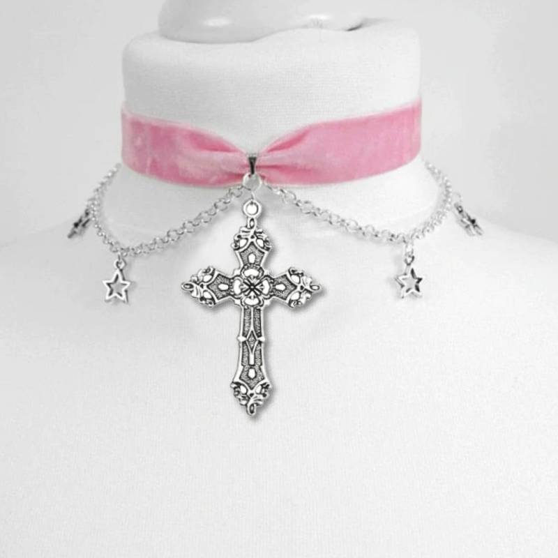 Velvet moon  stars choker Moon And Stars Chain Choker Kawaii Pastel Pink Velvet Chain fashion delicacy women