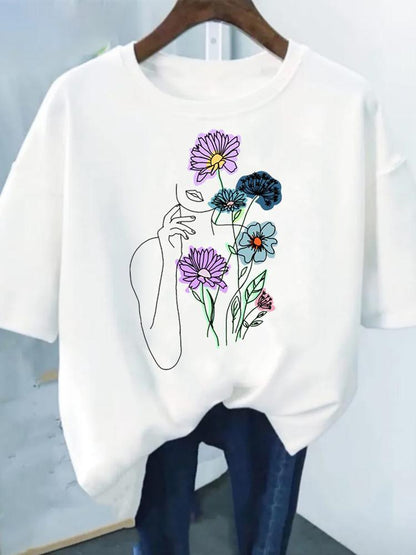 Flower Print Fashion Plant Trend Lovely Style Short Sleeve Women Graphic Tee Summer T Clothing Female Clothes Casual T-shirts