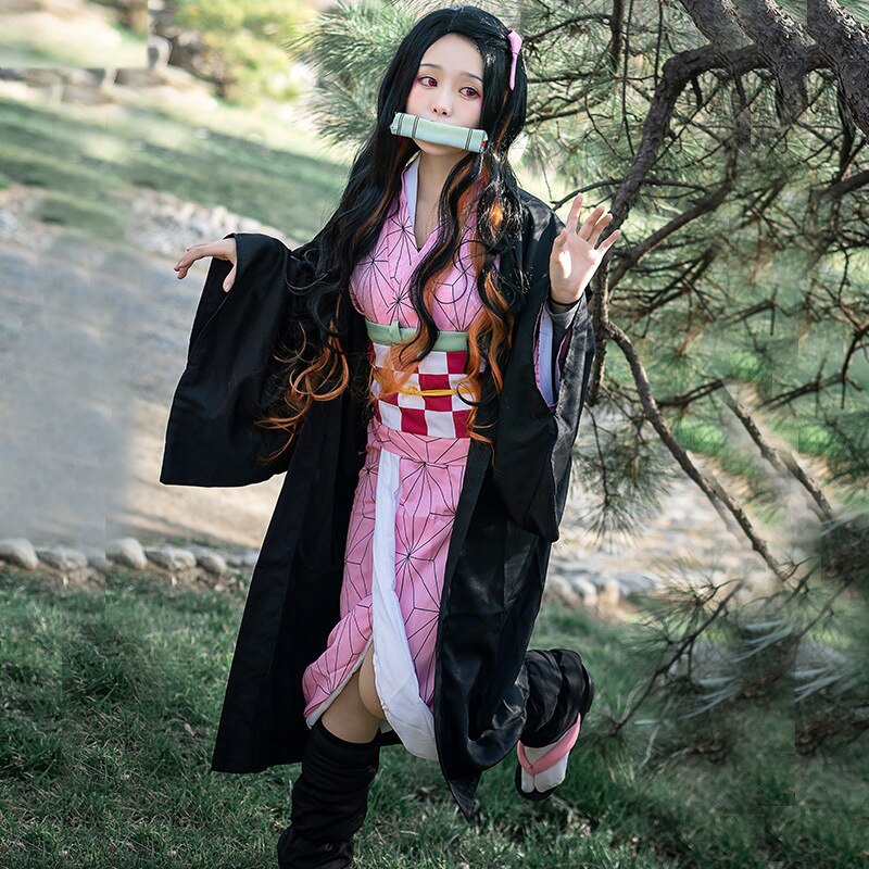 Kamado Nezuko Cosplay Costume Anime Demon Slayers Kimono Kimetsu No Yaiba Kamado Nezuko Costume Wig Uniform Hallween Women Kids