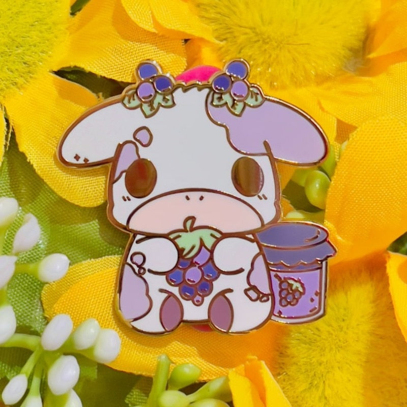 Cute Cow Enamel Pin Strawberry, Boba, Blueberry, Lemon  Grape s Kawaii Animal Brooch