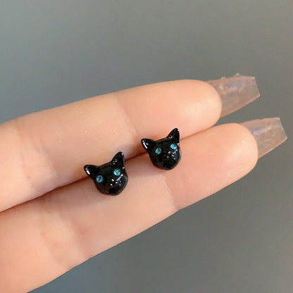 1 Pair Cute Black Cat Stud Earrings for Women Front Back Animal Jewelry Punk Fashion Statement Friendship Piercing Party Gift