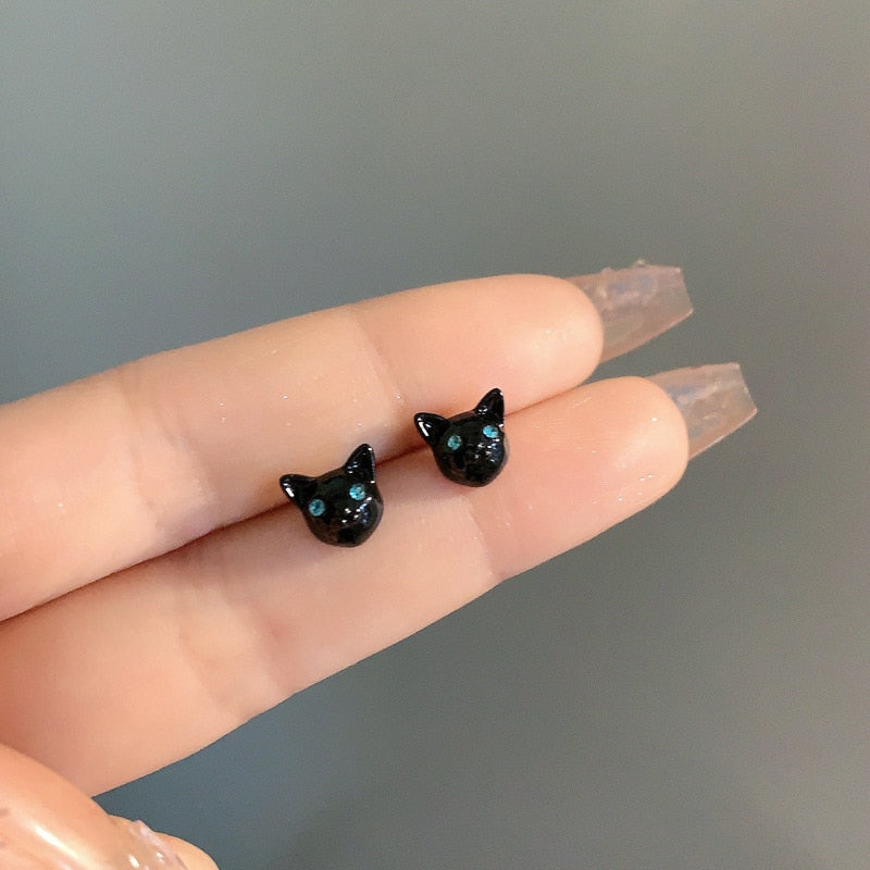 1 Pair Cute Black Cat Stud Earrings for Women Front Back Animal Jewelry Punk Fashion Statement Friendship Piercing Party Gift