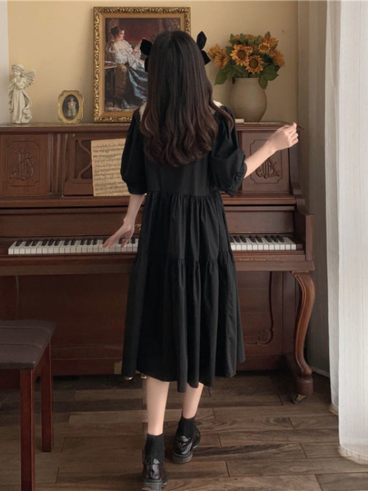HOUZHOU Women Lolita Dress Kawaii Elegant Vintage Dresses Summer Sweet Cute Puff Sleeve Preppy Style Sundress Fashion Robe