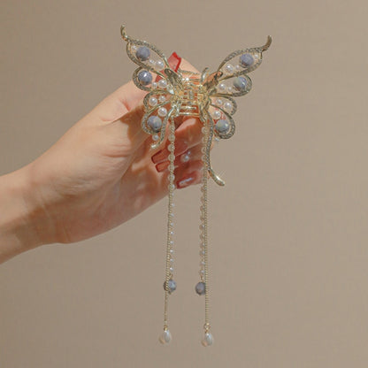 New Female Butterfly Pearl Tassel Hair Claw Rhinestone Clip Korean Simple Shark Ponytail Crab Clip Girls Hair Accessories