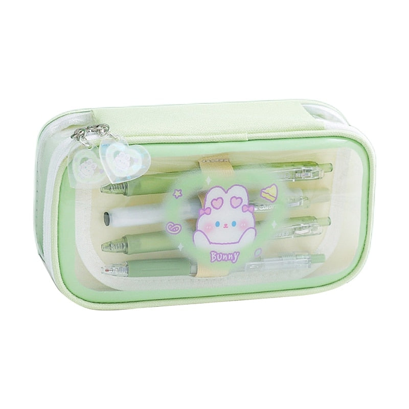 Cute Cartoon Bear Large Capacity Pencil Case Transparent Multi Layered Pencil Bag Stationery Storage Bag Box School Supplies