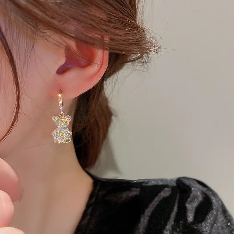 Cute Acrylic Candy Gummy Bear Dangle Earrings for Women Rainbow Bear CZ Hoop Earrings Korean Fashion Sweet Girl Jewelry