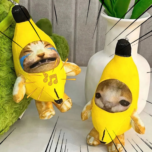 2023 Crying Banana Cat Plush Pendant Cute Banana Cat Doll With Sound Keychain Car Bag Funny Pendant Kids Classmate Gifts