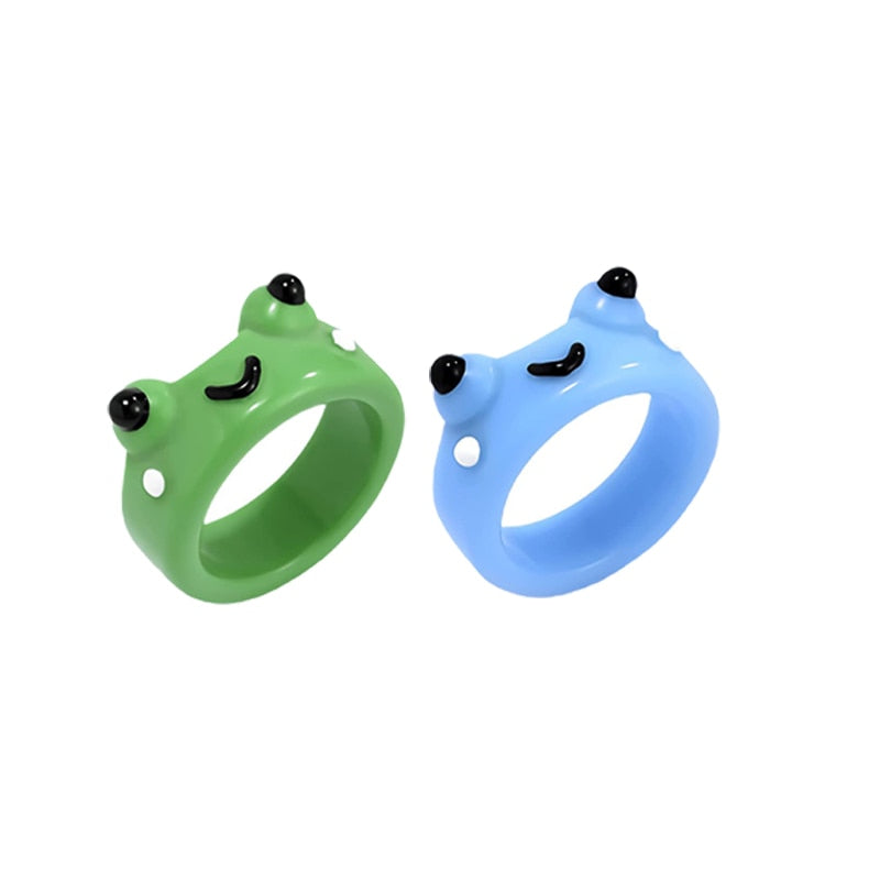 2Pc Cute Frog Rings Lover Polymer Clay Resin Acrylic Rings for Women Girls Couple Travel Ring Summer Fashion Animal Jewelry Gift