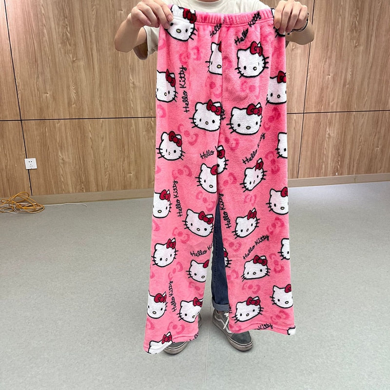 Anime Sanrio Hello Katie Pajamas Flannel Women Kawaii Wool Black and White Cartoon Float Home Pants Fall Fashion Pants New