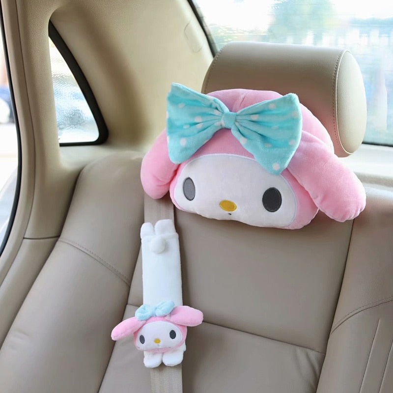 Cute Sanrio Kuromi My Melody Car Seat Pillow Plushie Pink Car Headrest Neck Pillow And Seat Belt Cartoon Stuffed Animal Plush Head Cushion Neck Support