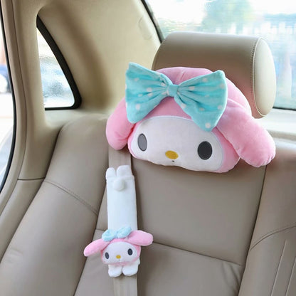 Cute Sanrio Kuromi My Melody Car Seat Pillow Plushie Pink Car Headrest Neck Pillow And Seat Belt Cartoon Stuffed Animal Plush Head Cushion Neck Support