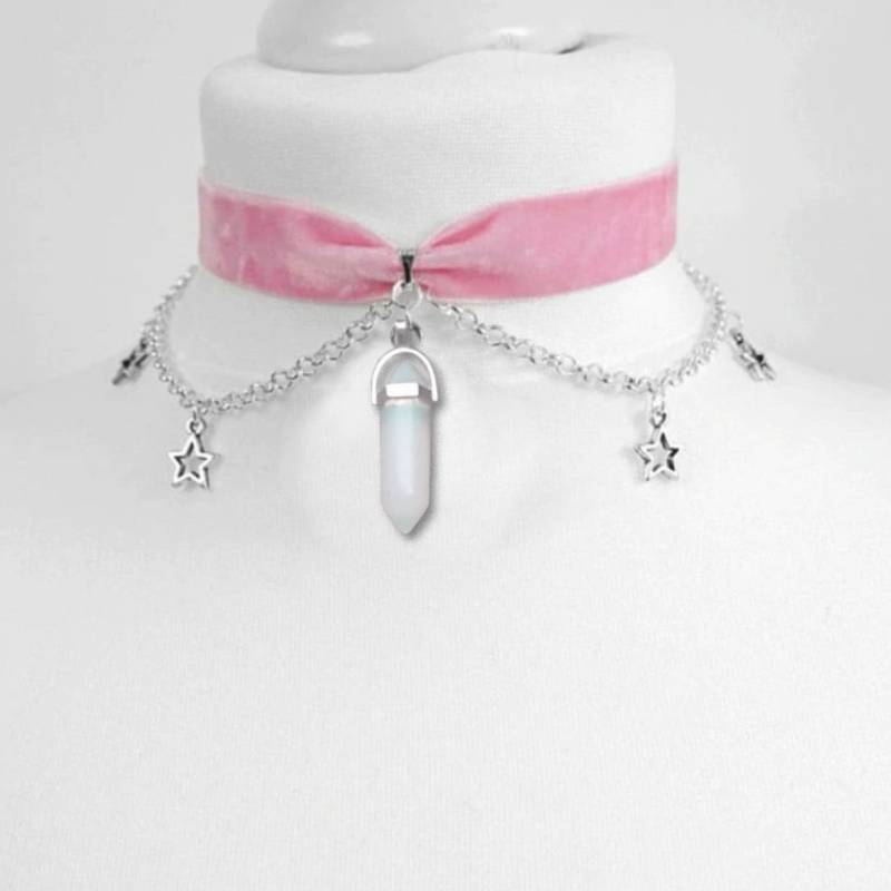 Velvet moon  stars choker Moon And Stars Chain Choker Kawaii Pastel Pink Velvet Chain fashion delicacy women