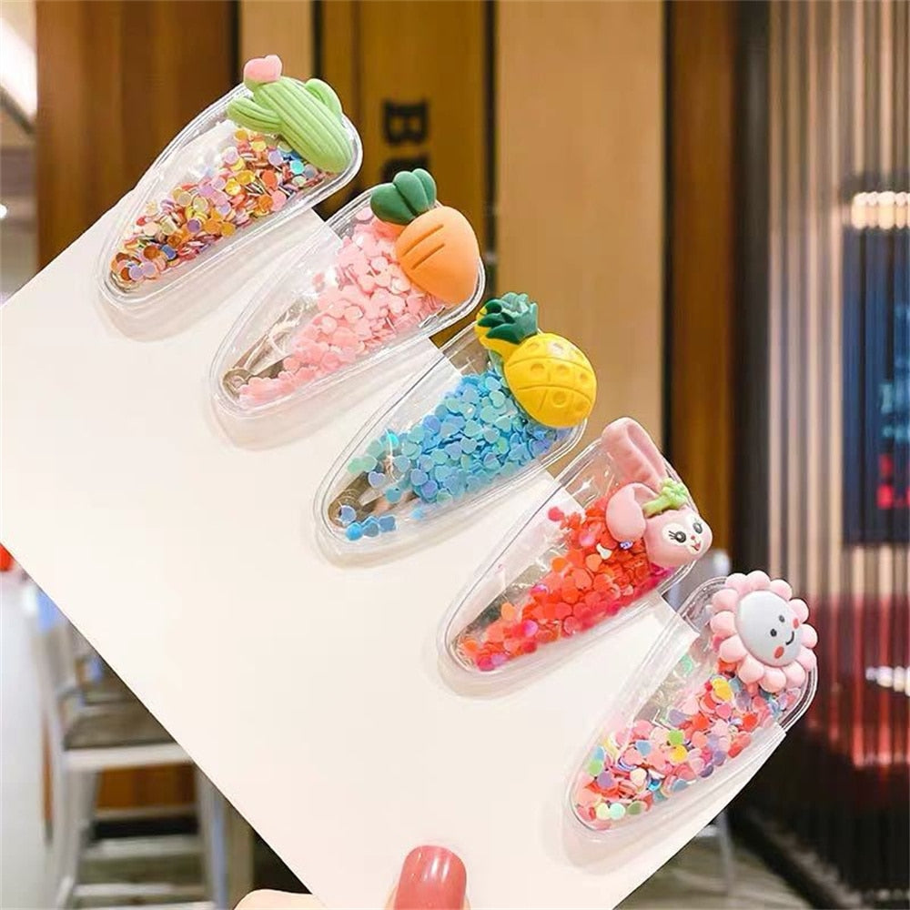 5pcs/Set Cute Fruit Quicksand Sequins Snap BB Clips Children Cartoon Rainbow Animal Bangs Hairpin Side Barrettes