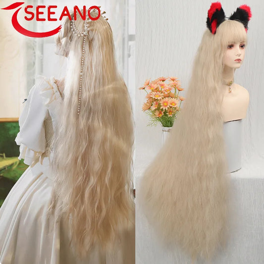 SEEANO 120cm Synthetic Long Curly Cosplay Wig With Bangs Blonde Red Brown Pink Lolita Wig Women Halloween Cosplay Wigs Female