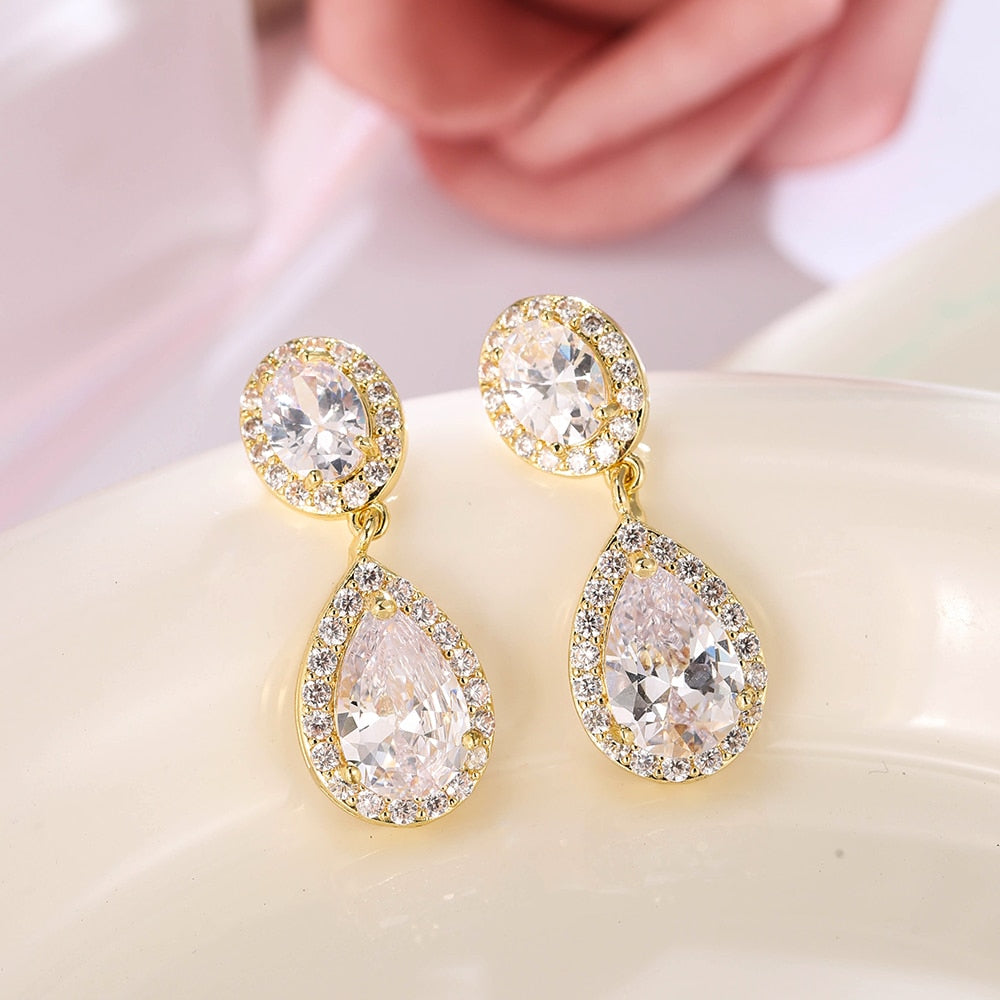 Luxury Zircon Wedding Long Dangle Earrings with Round Water Drop Elegant CZ Earrings for Women Bridal Wedding Jewelry Dress