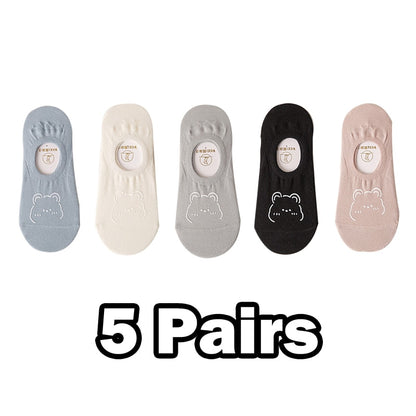 5 Pairs New Kawai Women Socks Summer Cute Japanese Fashion Cartoon Bear Funny Socks Soft Cotton Short Non-slip Invisible Socks
