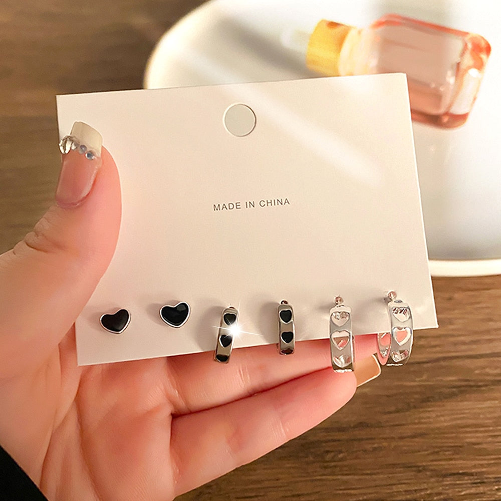 FNIO Korean Fashion Metal Love Heart Circle Drop Small Earrings for Women Trend Pendant Piercing Earrings Set Jewelry