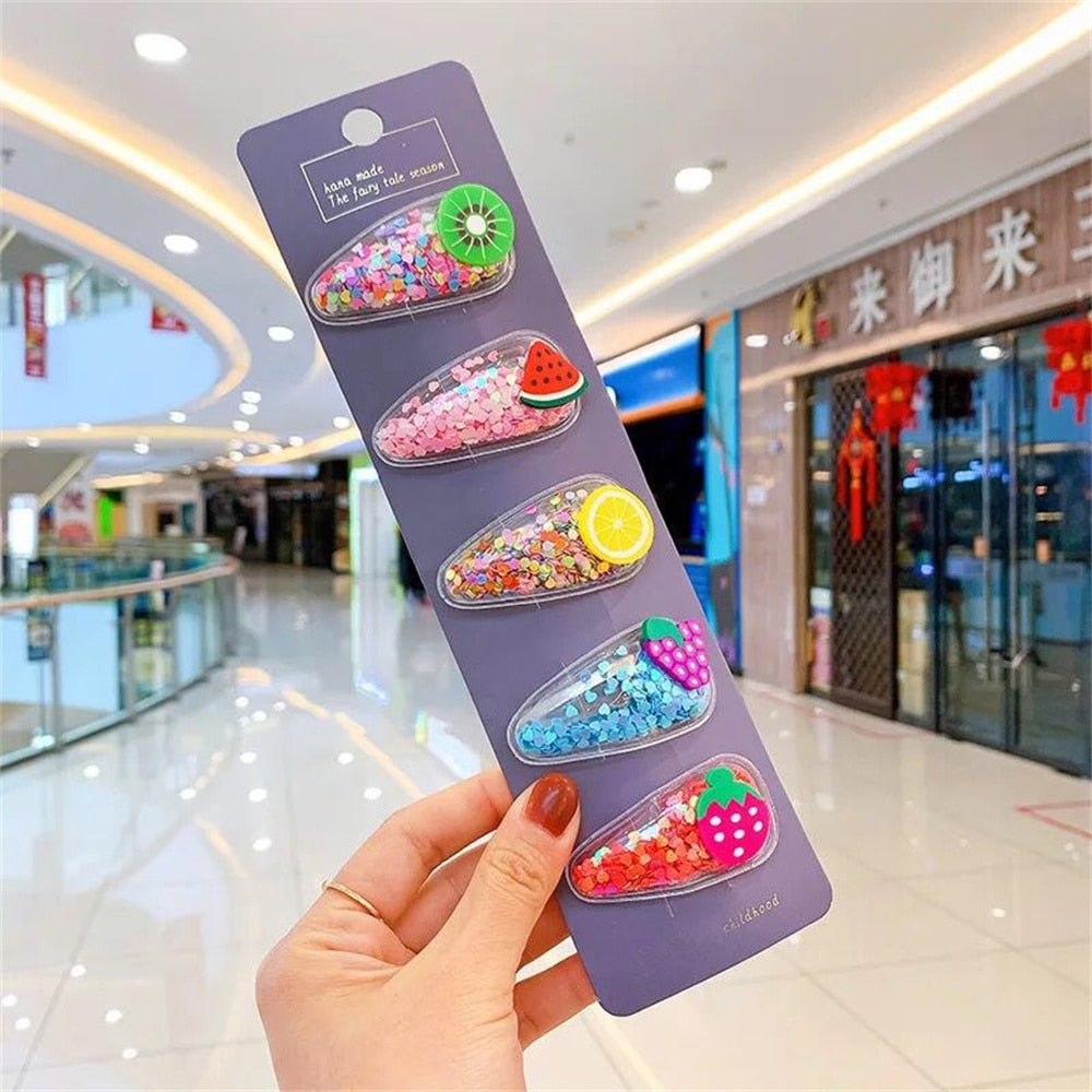 5pcs/Set Cute Fruit Quicksand Sequins Snap BB Clips Children Cartoon Rainbow Animal Bangs Hairpin Side Barrettes