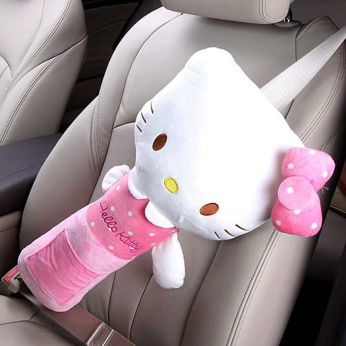 Kawaii Sanrio Anime Kt Cat Hello Kitty Plush Steering Wheel Cover Car Accessories Headrest Pillow Lumbar Pillow Plushie Seatbelt Cover Gift