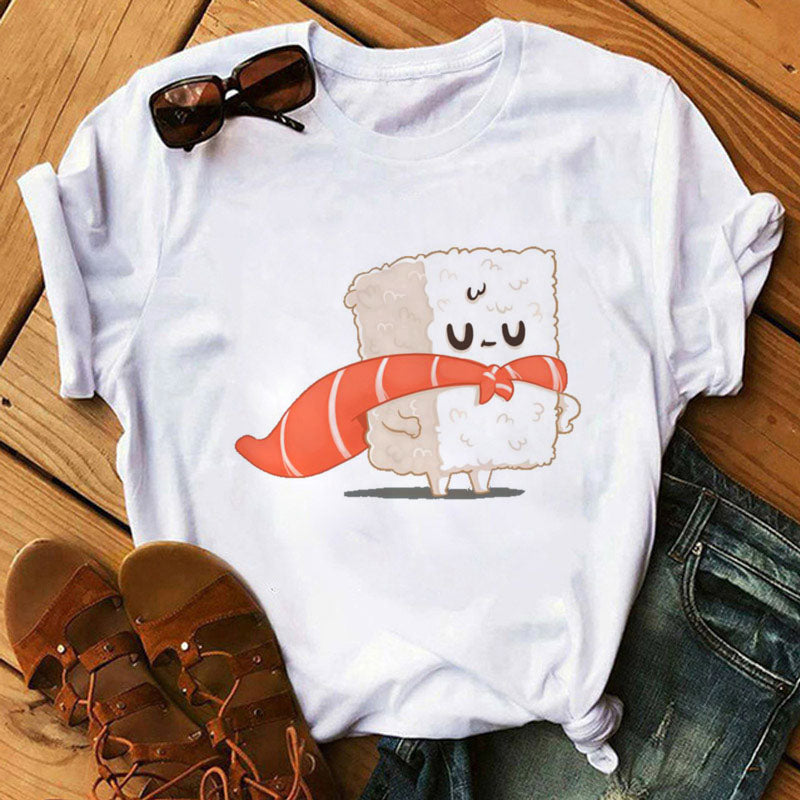 Women Black T-shirts Summer Cute Sushi hug Short Sleeve Tees shirt Femme Summer O-Nock Kawaii Clothing Tops Ladies T shirt