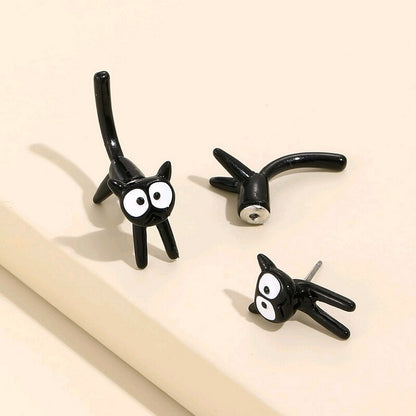 1 Pair Cute Black Cat Stud Earrings for Women Front Back Animal Jewelry Punk Fashion Statement Friendship Piercing Party Gift