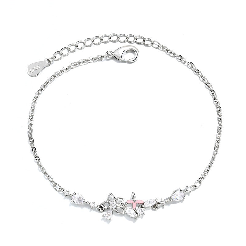 VENTFILLE 925 Sterling Silver Diamond-Studded Butterfly Bracelet Women's Fashion Temperament Flower Adjustable Bracelet