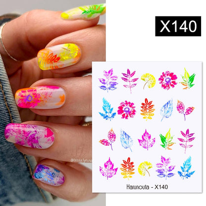 Harunouta Black Lines Flower Leaves Water Decals Stickers Floral Face Marble Pattern Slider For Nails Summer Nail Art Decoration